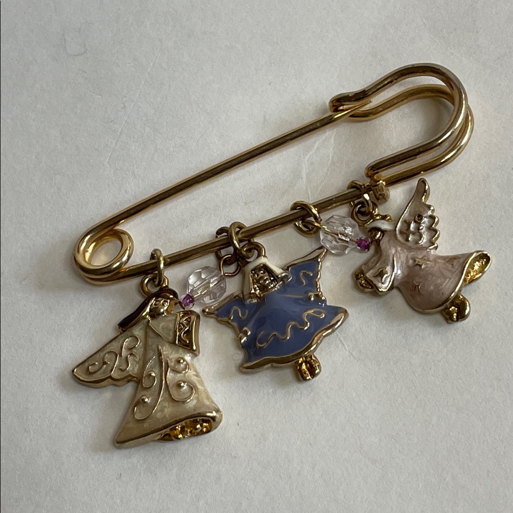 Vintage Gold Tone Safety Pin Enamel Angel Charms Brooch Pin Christmas